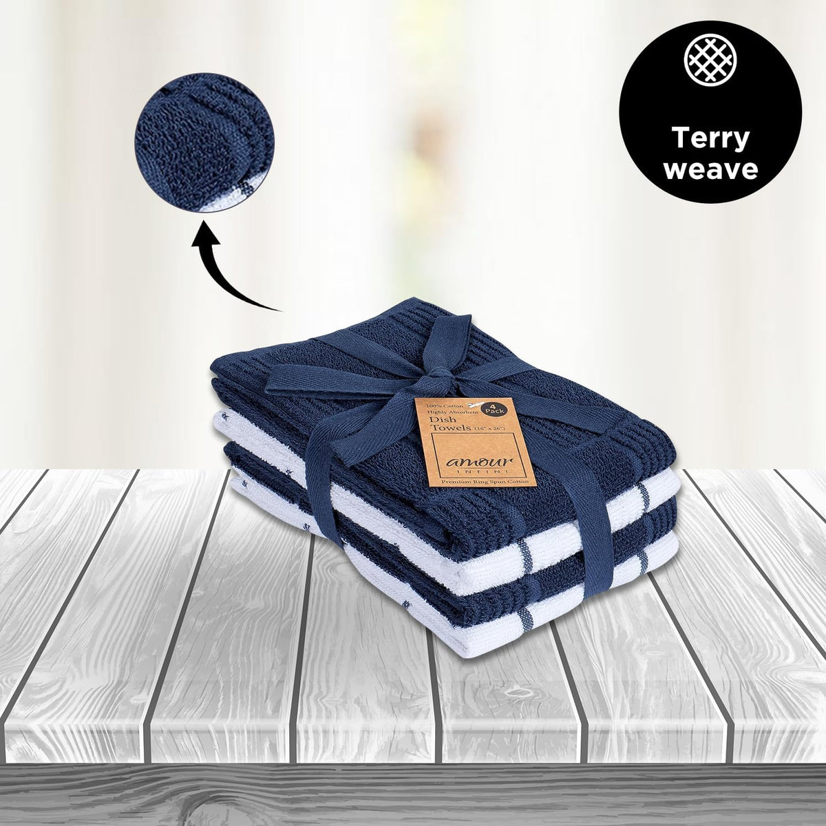 Set of 4 Ultra Absorbent Terry Cotton Kitchen Towels, Quick-Drying Hand and Tea Towels, Soft and Durable Cleaning Cloths with Hanging Loop, 16 x 26 Inches (Navy/Blue)