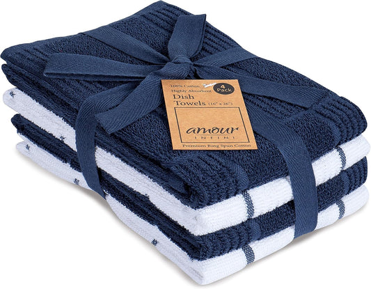Set of 4 Ultra Absorbent Terry Cotton Kitchen Towels, Quick-Drying Hand and Tea Towels, Soft and Durable Cleaning Cloths with Hanging Loop, 16 x 26 Inches (Navy/Blue)