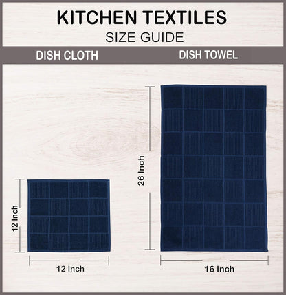 Set of 4 Ultra Absorbent Terry Cotton Kitchen Towels, Quick-Drying Hand and Tea Towels, Soft and Durable Cleaning Cloths with Hanging Loop, 16 x 26 Inches (Navy/Blue)