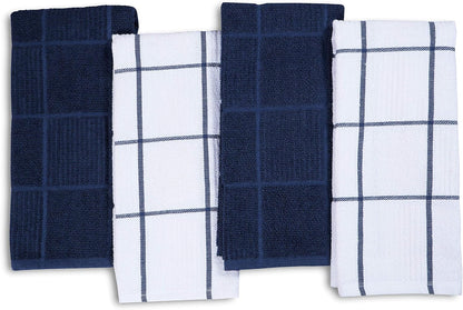Set of 4 Ultra Absorbent Terry Cotton Kitchen Towels, Quick-Drying Hand and Tea Towels, Soft and Durable Cleaning Cloths with Hanging Loop, 16 x 26 Inches (Navy/Blue)
